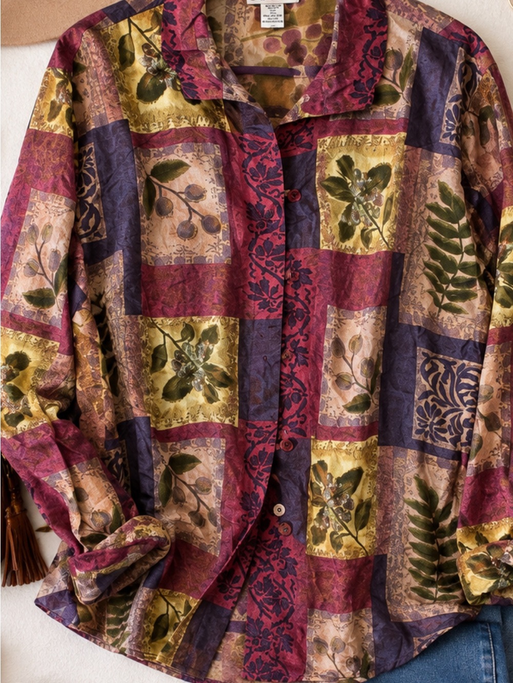 Stunt Printed Button-Up Shirt in Burgundy, Purple & Gold silk 100 sz L